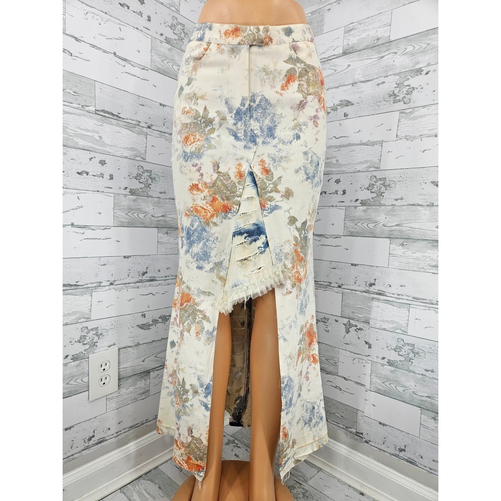 Bergamo Studio Upcycled Floral Denim Maxi Skirt Distressed Pearl Trim Size 2